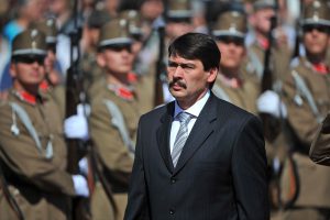 New Hungarian President Janos Ader inspects honor guards during his ceremonial inauguration at the presidential Alexander Palace in Budapest, Hungary, Thursday, May 10, 2012. (AP Photo/MTI, Tamas Kovacs)